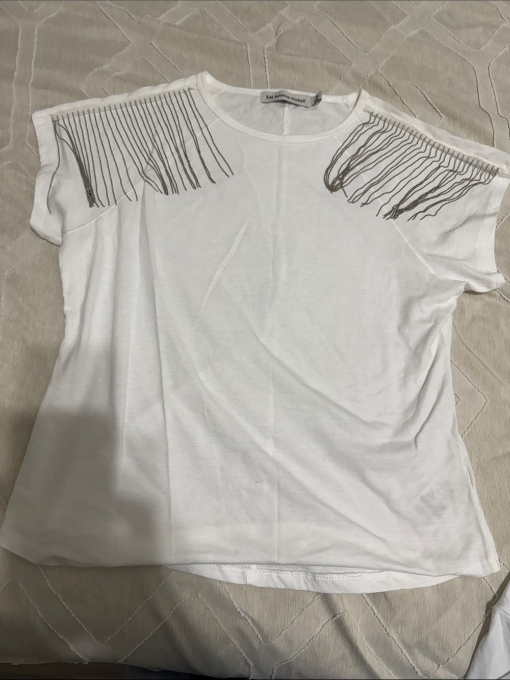 Rebecca Minkoff White Short Sleeve Tee with Brown Fringe Shoulders